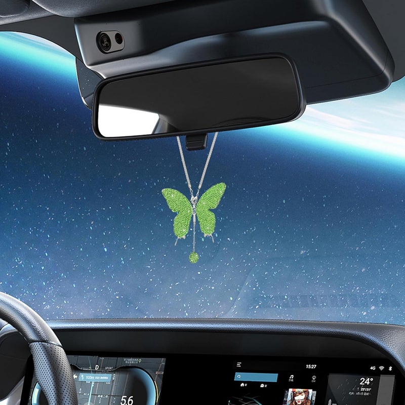 Couslcd Bling Butterfly Diamond Car Accessories, Crystal Car Rear View Mirror Charms for Women, Auto Decoration Lucky Hanging Interior Crystal Ornament Pendant Decor for All Cars (Light Green) - Image 5